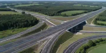 Modern highway interchange with new asphalt and clear markings