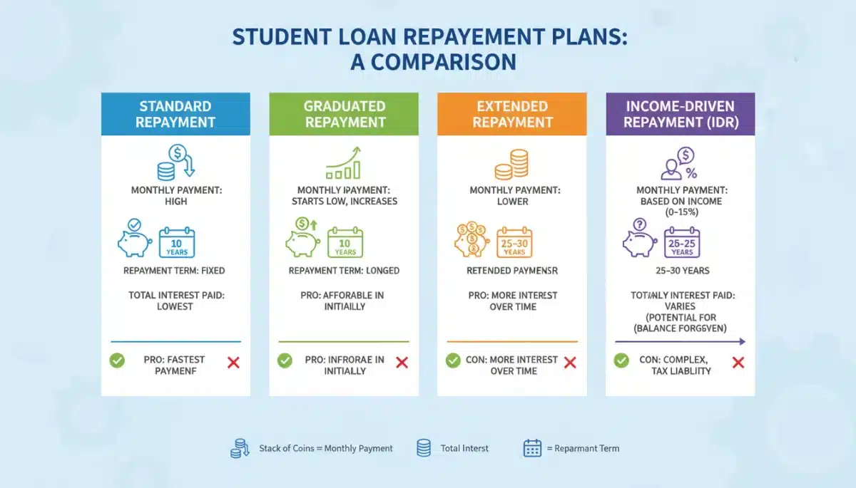 Infographic comparing various student loan repayment plans and their impact on monthly payments and total interest.