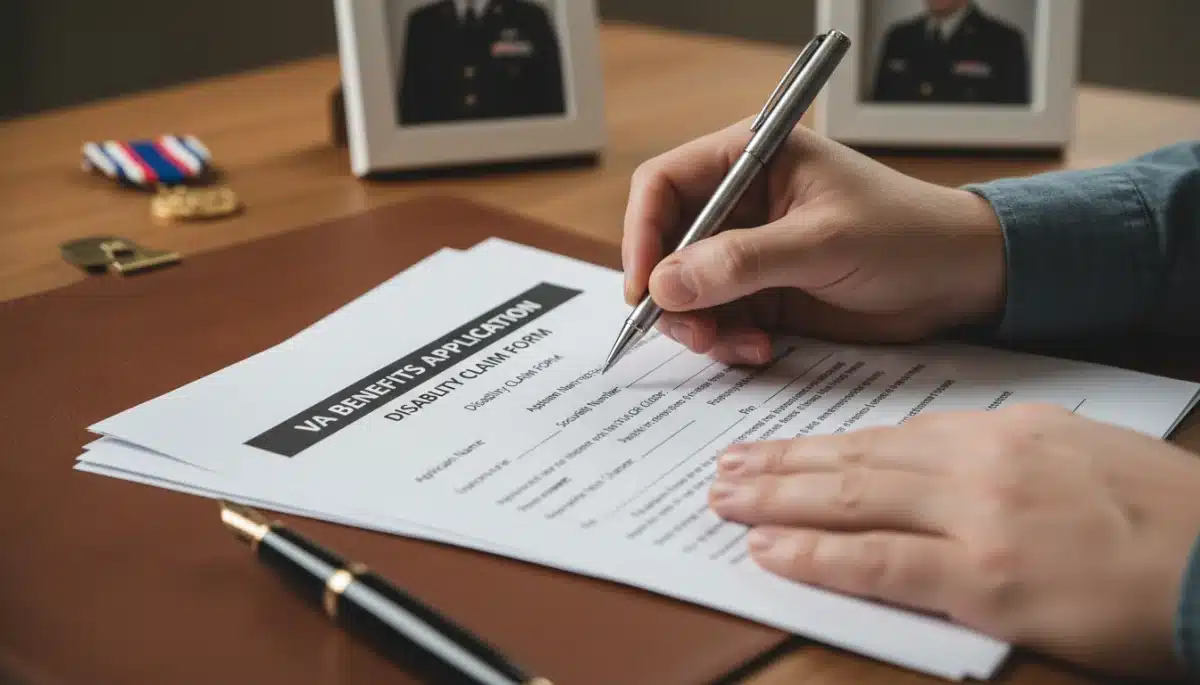 Hands signing official VA benefits application documents