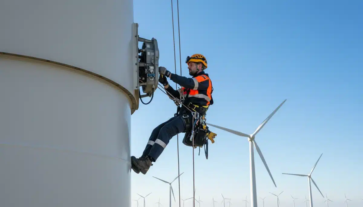 Wind turbine technician performing maintenance on a modern wind turbine.