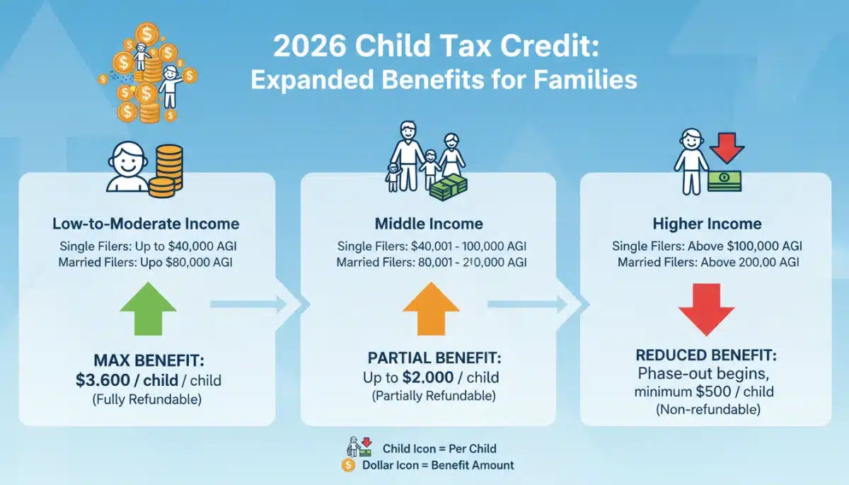 Infographic detailing 2026 Child Tax Credit income thresholds and benefit amounts