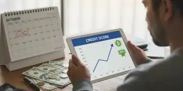 Digital credit score graph showing improvement with a calendar and US dollars
