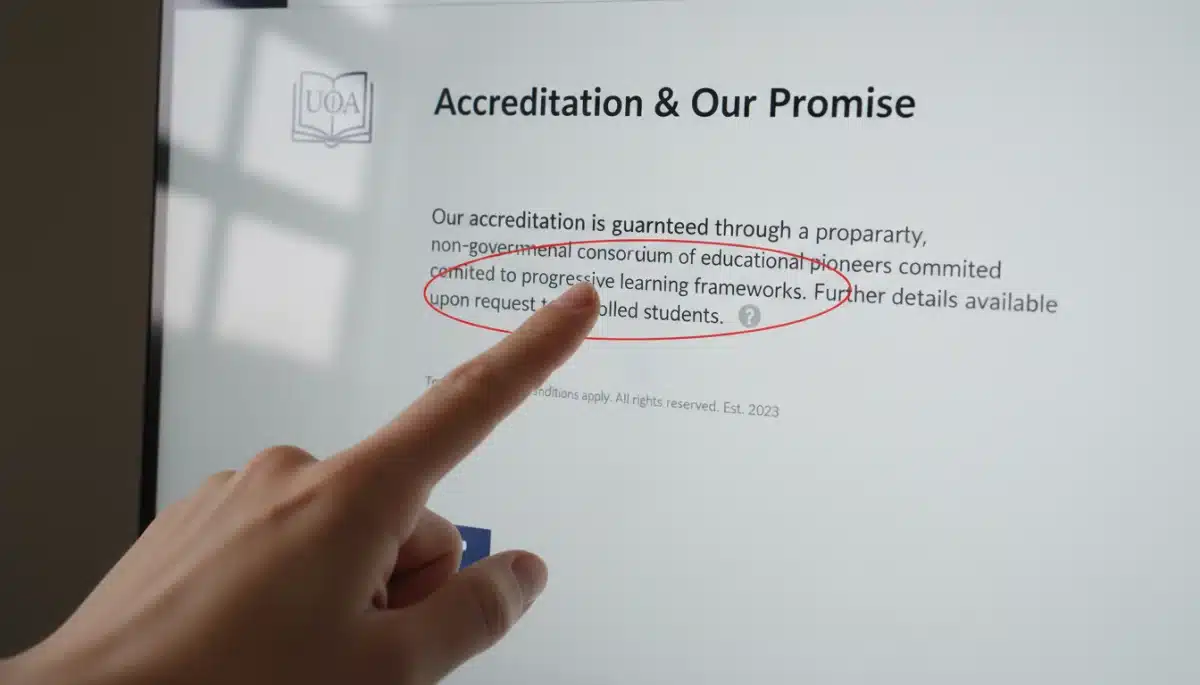 Hand pointing to suspicious accreditation details on a university website