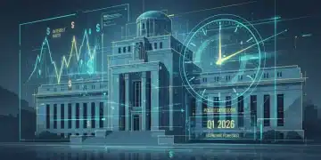 Federal Reserve building with digital economic data overlay and clock