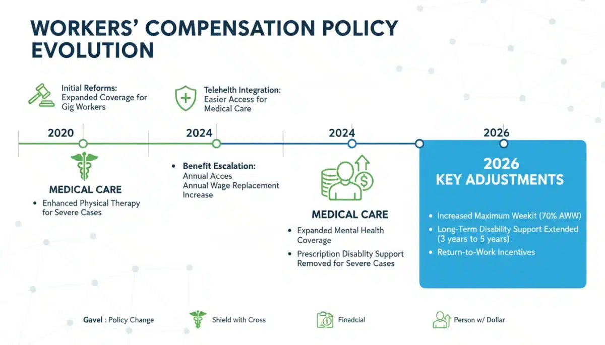Infographic showing timeline of workers' compensation policy changes 2026